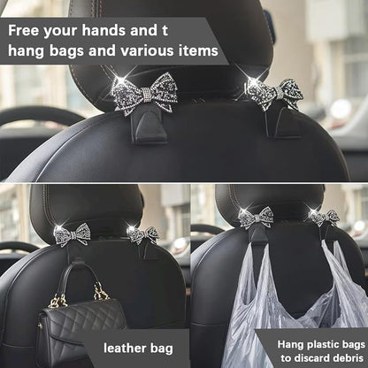 Zpana Bling Car Headreat Hook, 2PCS Crystal Rhinestone Cute Bow Vehicle Seat Back Hanger Storage for Purses Bags Grocery, Diamond Auto Rear Seat Organizer, Universal for SUV Truck Sedan (Gold) | PVC construction, rhinestone bow design, compact rear sea... - Image 6