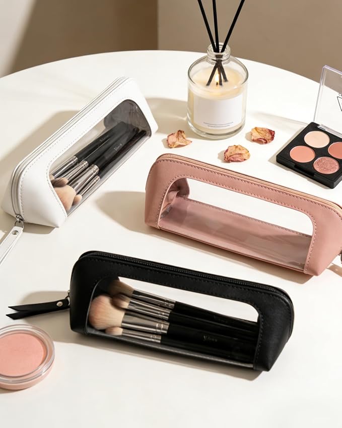 Cute Pencil Case Small,Clear Travel Makeup Brush Holder,Waterproof PU Leather Cosmetic Brush Pouch with Zipper,Portable Makeup Brush Organizer Case for Women Girls Daily Use (Chic White) - Image 2