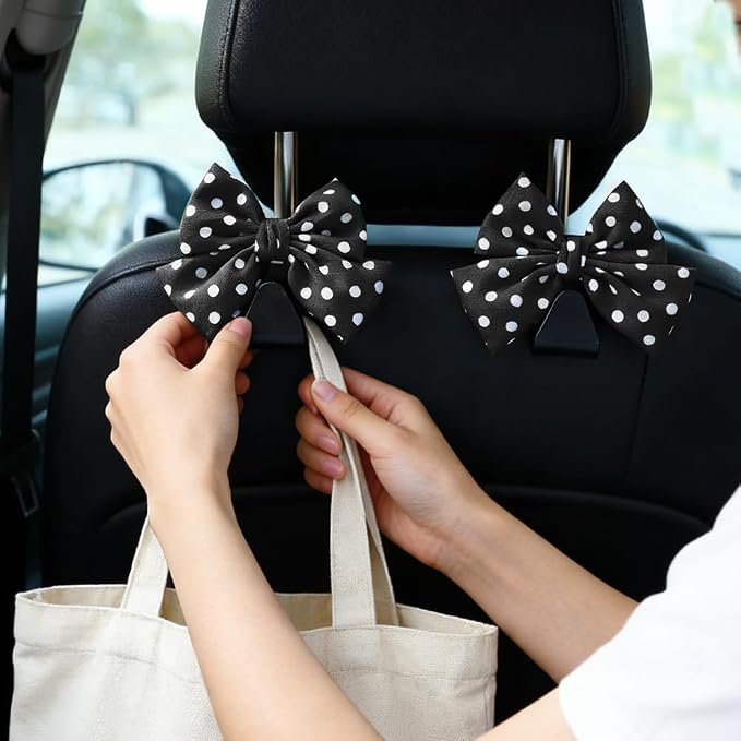 2PCS Car Seat Headrest Hooks, Car Purse Hook, Cute Bow Knot Vehicle Seatback Hanging Storage Organizer, Auto Seatback Decor Organizer Hanger for SUV Truck (Black/Polka Dot) - Image 6