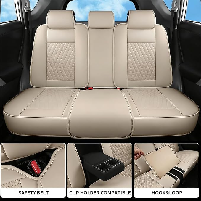 Car Seat Covers Full Set Fit For Toyota Land Cruiser 2000-2026, Beige | Lumbar Support, Premium Faux Leather, Breathable, Anti-Slip, Airbag Compatible, Waterproof, Car Seat Protectors, 2 Row-5Seat - Image 3