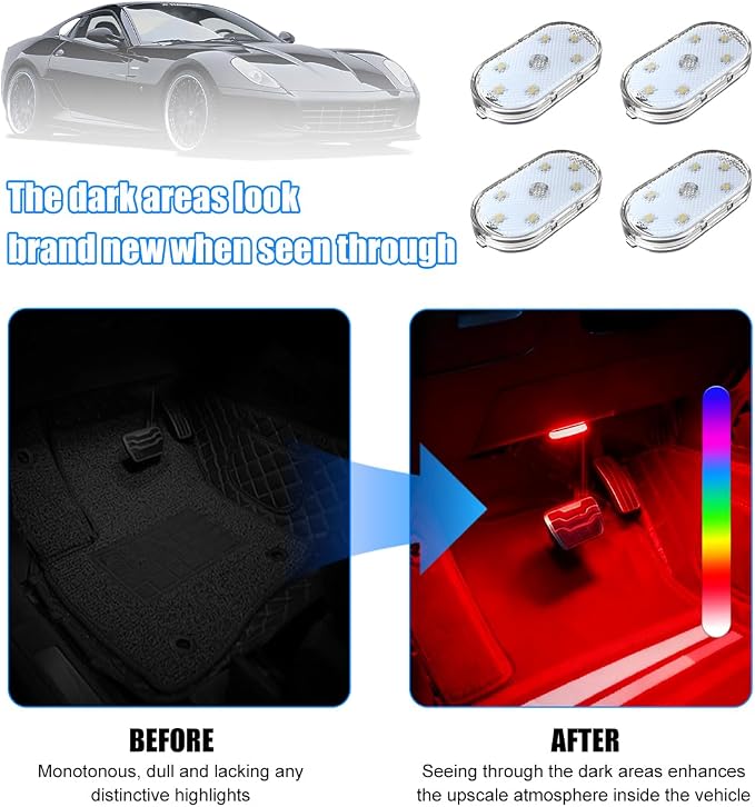4PCS Car Interior Wireless Led Lights, 6 Bright LED Lamp Beads Magnetic Vehicle Ambient Light, Portable Voice USB Rechargeable Automotive Night Lighting Accessories, Universal Fit - Image 5