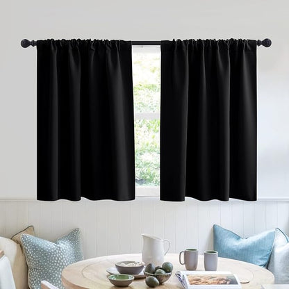 RYB HOME Short Blackout Privacy Curtains 30 inch Long for Bathroom Window | Thermal Insulated, Heat Blocking, Rod Pocket, Half Window Curtain Tiers for Nursery Bedroom, W42 x L30, Black, 2 Panels by RYBHOME