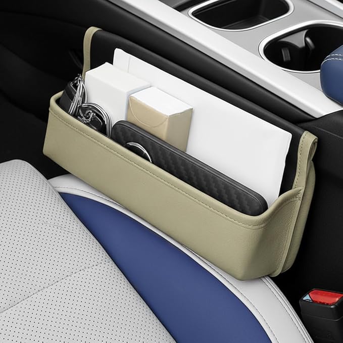 Car Seat Gap Filler Organizer with Lid, Universal Leather Auto Front Seat Storage Box, Adjustable Car Center Console Side Pocket for Phones, Keys, Glasses, Cards, No Seat Belt Block (Gray) by Unknown