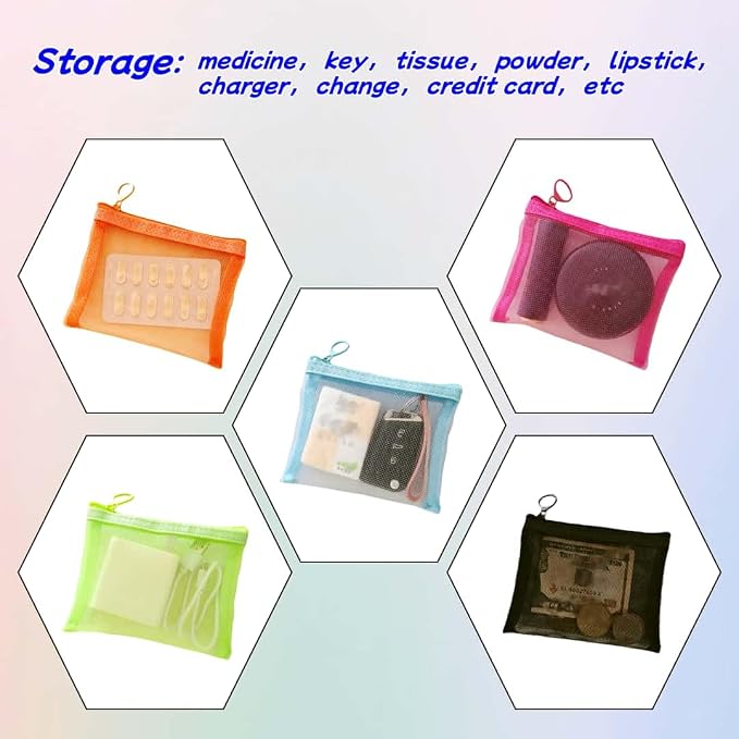 5 Pack Small Mesh Zipper Pouch Bags for Purse, Size 5" x 4" Travel Pouches for Daily Toiletries, Mini Mesh Bags with Zipper, Purse Organizer Pouches Insert (5" x 4") - Image 5