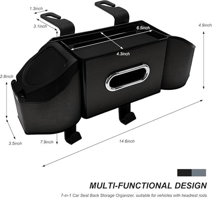 Car Backseat Organizer, 7-in-1 Auto Seat Back Drink Cup Holder Organizer with Tissue Box & Hooks, Multifunctional Vehicle Headrest Storage Box for Hold Phone Snacks Drinks (Black) - Image 2