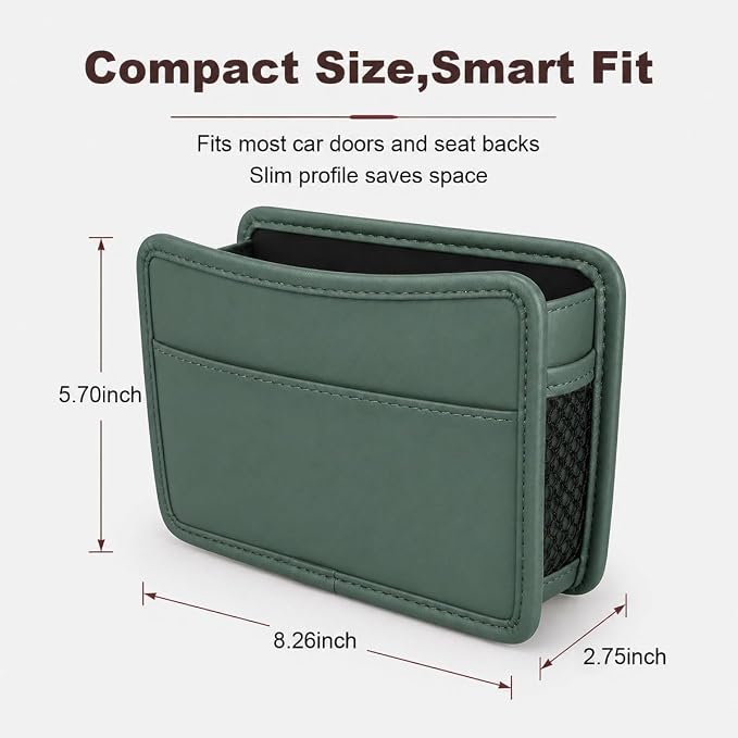 Car Seat Side Pocket Organizer, Leather Sewn Multifunctional Automotive Trash Bag, Small Vehicle Door Pouch for Cell Phone, Key, Wallet, Sunglasses (Green) - Image 2