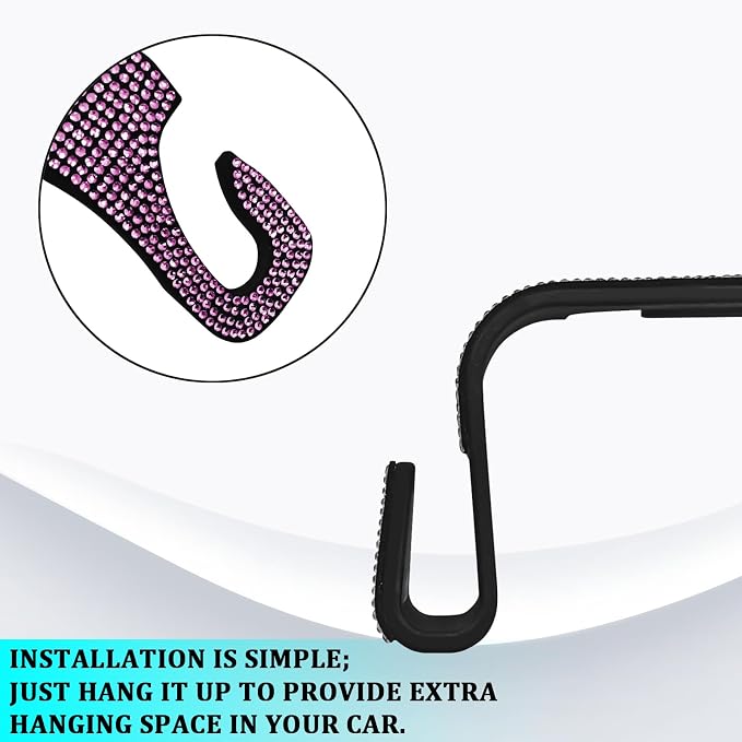 Bling Car Seat Headrest Hooks Pink Car Accessories for Women Crystal Rhinestone Auto Seat Back Hanger Storage Organizer for Purse Handbag Coat Grocery Bag, Universal Purse Hook for SUV Truck-4PCS - Image 4