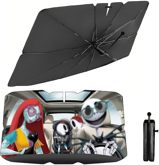 GENANY Skellington Umbrella Sunshade for Car Windshield (57x31 Inches) | 360°Rotation Bendable Handle, Foldable Car Windshield Sunshade Umbrella for SUV Truck, Protector Blocks UV by GENANY