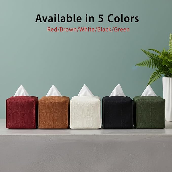 Tissue Box Cover 2-Pack, Square Tissue Holder with Bottom Belt, Modern Tissue Case Facial Paper Organizer Dispenser for Bathroom, Office, Home, Table, Car, White, Linen Pattern - Image 6