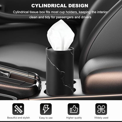 DXNQ 4 PCS Car Tissues Holder, Car Cup Holder Refillable Travel Tissues Tube with Facial Tissues, Portable Cylinder Round Tissue Boxes Container Decor for Car Office Home (Marble Black) - Image 4