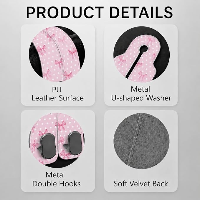 Cute Pink Bow Car Seat Back Storage Headrest Hooks for Purses & Bags – 2PCS PU Leather Dual Metal Hooks, Backseat Organizer Accessories - Image 3