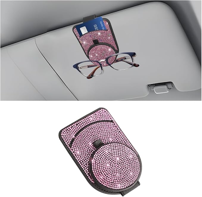 Bling Sunglasses Holder for Car Visor, Genuine Leather Crystal Rhinestone Vehicle Eyeglasses Clip Mount Hanger, Auto Ticket Card Origanizer for Women Girls, Universal Fit (Pink) by Unknown