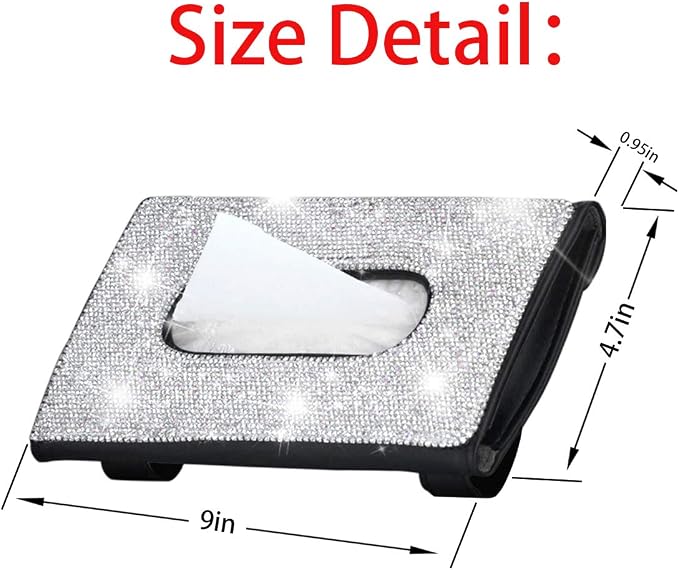 Bling Car Sun Visor Tissue Box Holder, Rhinestone PU Leather Crystal Sparkling Napkin Holder, Backseat Paper Towel Cover Case Car Accessories for Women (White) - Image 2