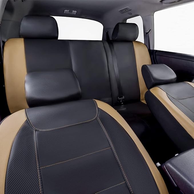 Flying Banner car seat Covers Protects Water Proof Faux Leather Carbon Fiber Front and Rear Bench (Black Beige, Full Set - 8PCS) - Image 6