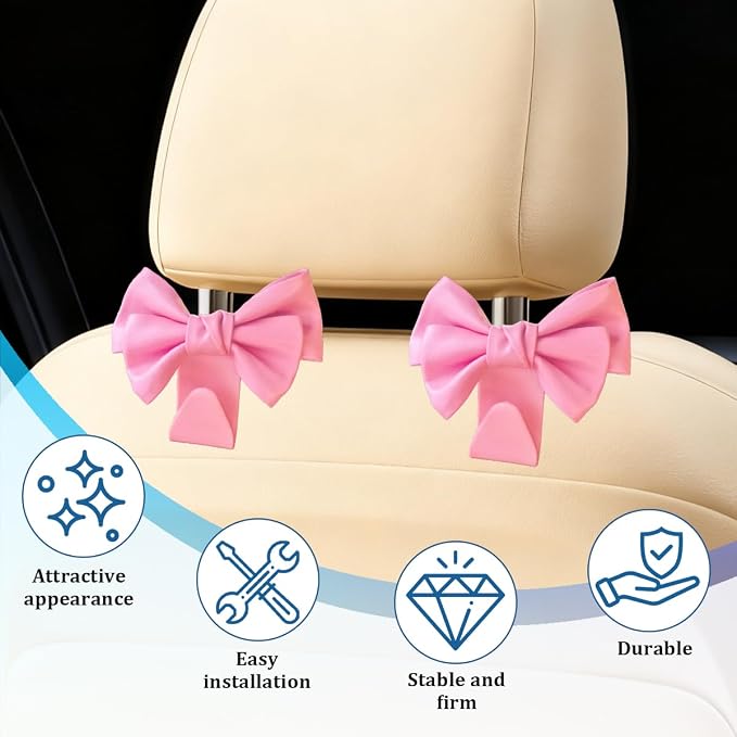 2PCS Car Seat Headrest Hook, Cute Bow Vehicle Seat Back Hanging Hooks for Purses and Bags, Automotive Interior Headrest Hanger Storage Organizer, Universal for SUV RV Truck (All Pink) - Image 6