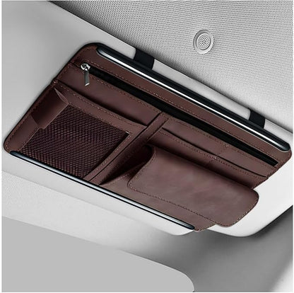 Car Sun Visor Organizer, Leather Sun Visor Pocket Organizer Case with Multi-Pocket Net Zipper, Suede Note Holder Car Visor Storage Pouch for Card Pen Sunglasses Document (Brown) by Unknown