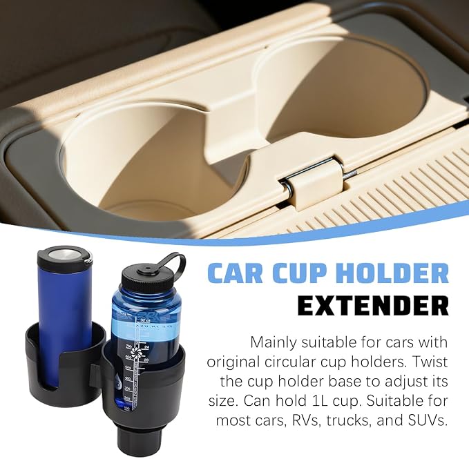 Car Double Cup Holder Expander, 2 in 1 Multifunctional Vehicle Cup Holder Adapter with Adjustable Base, Auto Drink Bottles Extender Organizer, Universal for SUV Automobile Truck (Black) - Image 5