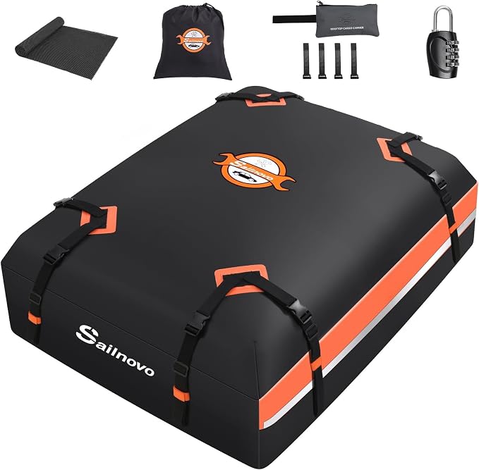 Sailnovo Car Rooftop Cargo Carrier 15 Cubic Feet Waterproof Soft Roof Bag | Heavy Duty 1000D PVC, Fit Vehicle with/without Rack, include Anti-Slip Mat,4 Door Hooks,8 Reinforced Straps,Lock,for Camping by Sailnovo