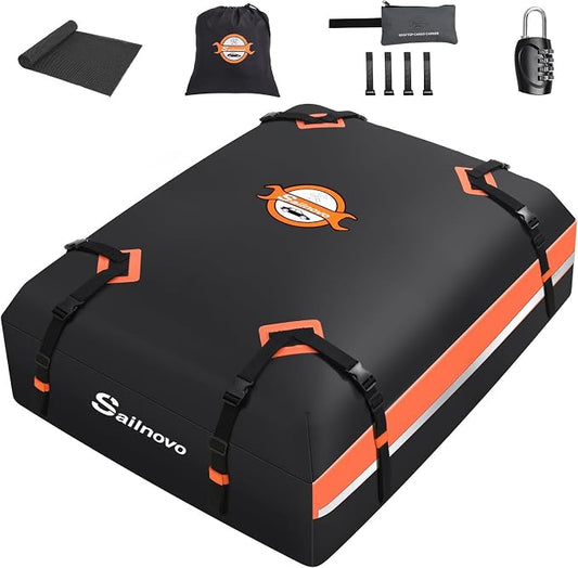 Sailnovo Car Rooftop Cargo Carrier 15 Cubic Feet Waterproof Soft Roof Bag | Heavy Duty 1000D PVC, Fit Vehicle with/without Rack, include Anti-Slip Mat,4 Door Hooks,8 Reinforced Straps,Lock,for Camping by Sailnovo