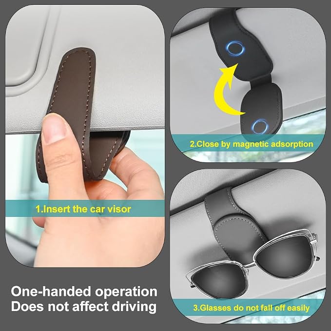 2-Packs Leather Sunglasses Holders for Car Sun Visor, Magnetic Glasses Eyeglass Hanger Clip for Car - Image 5
