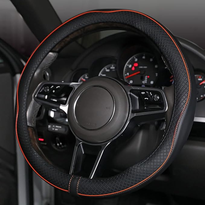 Car Steering Wheel Cover, Anti-Slip, Safety, Soft, Breathable, Heavy Duty, Thick, Full Surround, Sports Style (Black with Light Orange Line) - Image 2