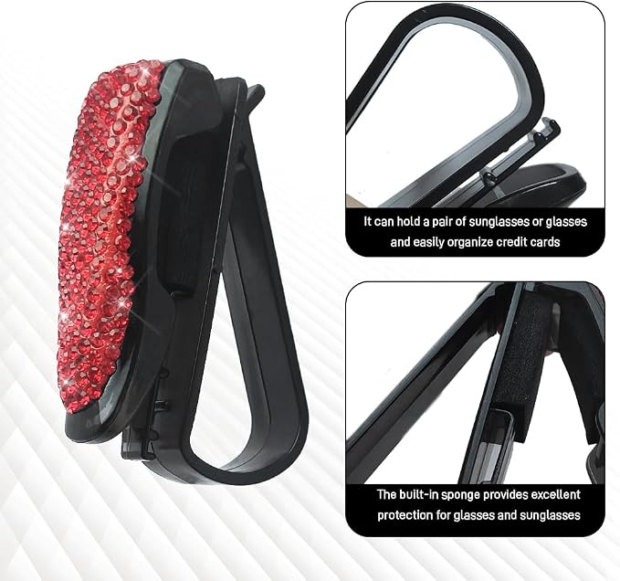 2PCS Bling Rhinestone Car Sun Visor Glasses Holders with Anti-Scratch Sponge, Sunglass Holder for Car, Ticket Card Clip Sunglasses Mount, Auto Eyeglass Hanger Clip for Women Girls (Red) - Image 5