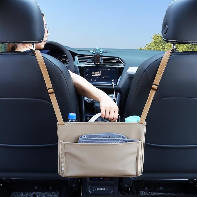 Viaviat Car Handbag Purse Holder Between Seats Leather Car Front Seat Storage Bag Large Capacity Car Organizers for Book Document Phone Bottle Tissue Toy (Beige Style-1) - Image 2