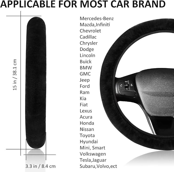 Fluffy Steering Wheel Cover for Women Girls, Accmor Universal Fit 15 inch Fur Car Wheel Cover & Handbrake Cover & Gear Shift Cover Set, Fashion Winter Warm Fuzzy Vehicle Wheel Protector (Black) - Image 2