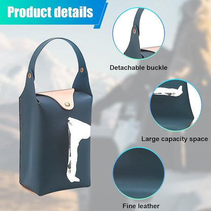 Car Tissue Holder, Large Car Headrest Hanging Tissue Box Cover, PU Leather Auto Napkin Holder, Universal Vehicle Backseat Paper Organizer for Cars Sun Visor (Blue) - Image 3