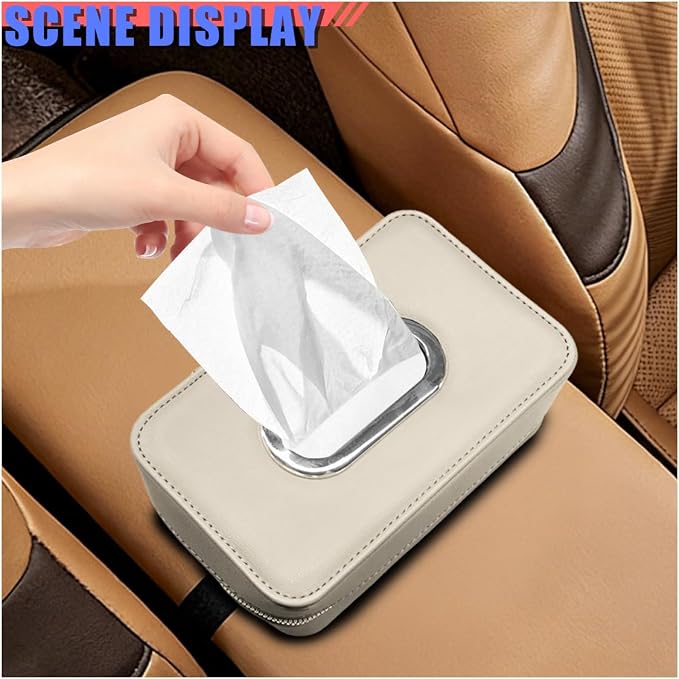 Craedli Car Tissue Holder, Leather Backseat Tissues Box Cover Rectangular Car Napkin Holder for 100-150 Tissues Organizer, Large Napkin Case Auto Headrest Hanging Mask Dispenser for SUV Sedan (Beige) - Image 6