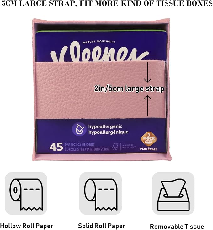 Tissue Box Cover Holder Square Tissue Cube Cover PU Leather Tissue Organizer with Bottom Belt for Bathroom, Tabletop, Car, Night Stands, Office, Home, Kitchen (1, PrettyPink) - Image 3