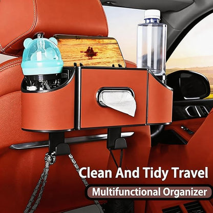 Back Seat Car Organizer,4 in 1 Multifunctional Car Back Seat Storage Box with Drink Cup Holder Tissue Box, for Hold Phone,Snacks, Drinks, Handbag-Orange - Image 2