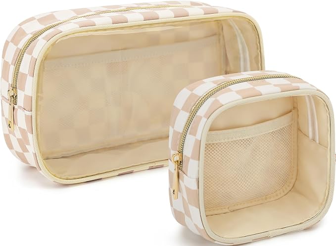 Fammart Clear Travel Makeup Bag for Women, TSA Approved Checkered Cosmetic Bag Make Up Car Organizer Case with Zipper, Large Waterproof Pouch Purse Toiletry Bag for Skincare, Brushes Travel Essentials by Fammart
