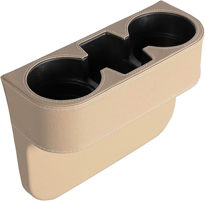 Car Cup Holder, Car Seat Gap Filler Organizer, PU Leather, Beige | Front Seat Organizer, Console Side Pocket, Cell Phone Holder, Coin Bucket, Car Storage Box, Universal Fits, Easy Installation - Image 2
