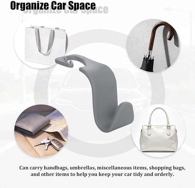 Car Seat Headrest Hook, 4PCS Vehicle Seat Back Hanger Storage Organizer for Handbag Purse Coat, Auto Interior Headrest Hook, Universal for SUV Automobile Truck (Gray) - Image 5