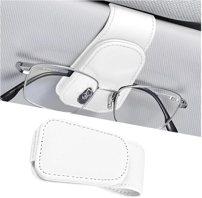 Sunglasses Holder for Car Visor, Microfiber Leather Magnetic Sun Visor Eyeglasses Hanger & Ticket Card Clip, Multi-Function Automotive Interior Glasses Mount, Universal Fit (White) by Ywdiml