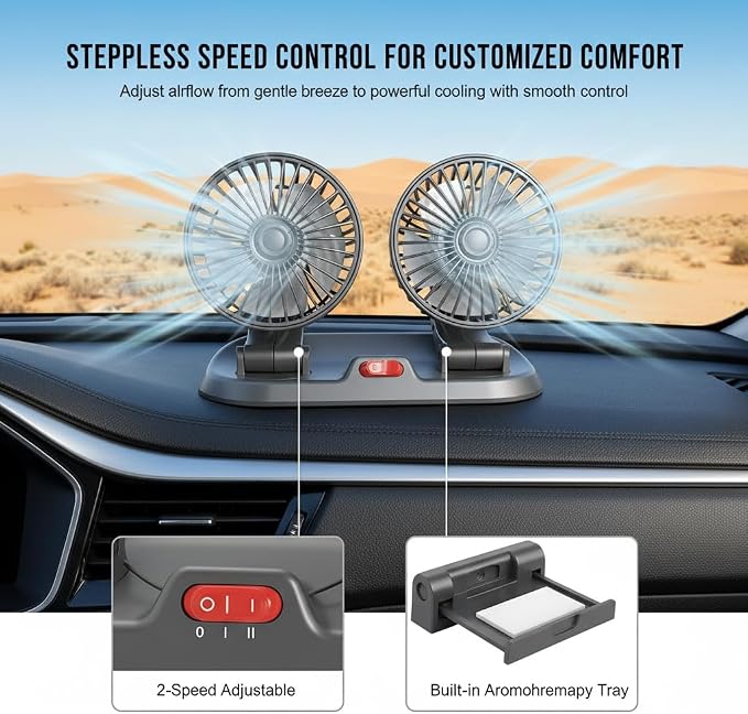 Dual Head Car Fan 5V USB Powered - 360° Rotatable Dashboard Cooling Air Circulator with 3 Speeds - Strong Wind Electric Fan for Car SUV RV Truck - Quiet Vehicle Fan for Front/Rear (USB-5V-Dual) - Image 7