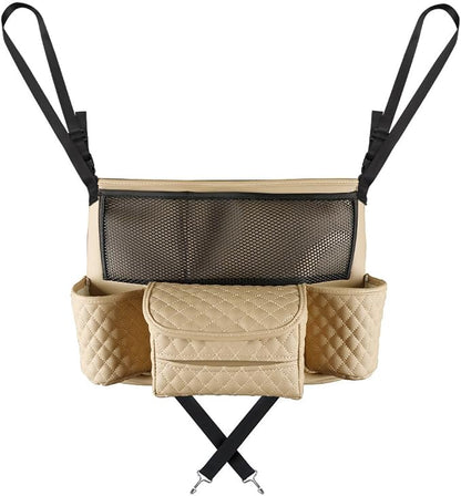 DXNQ Car Purse Holder Between Seats, Luxury Leather Front Seat Back Handbag Organizer with Tissue Box Cup Holders, Auto Large Capacity Multi Pocket Purse Holder Hanging Storage Bag (Beige) by DXNQ