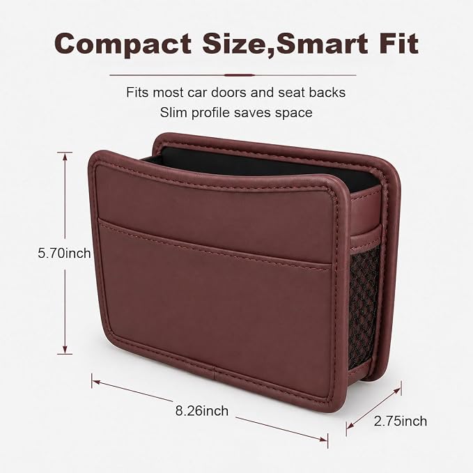 Car Seat Side Pocket Organizer, Leather Sewn Multifunctional Automotive Trash Bag, Small Vehicle Door Pouch for Cell Phone, Key, Wallet, Sunglasses (Red) - Image 2