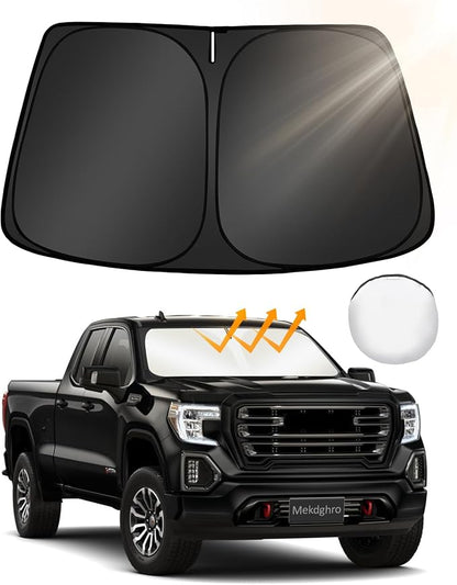 Windshield Sun Shade for Sierra GMC 1500 2500 3500 2019-2026 | Custom Fit, Foldable, Easy to Install & Store, Full Coverage, 210T Reflective Fabric, Blocks 99% of UV Rays by Mekdghro