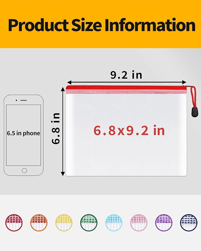 SUNEE Plastic Mesh Zipper Pouch 6.8x9.2 in (8 Colors, 24 Packs), Small Water-Resistant Zip Bag for School Office Supplies, Pencil Organizing Storage - Image 2