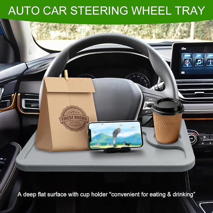 Car Steering Wheel Desk, Portable Car Tray, Durable Multi-Functional Travel Workstation with Cup Holder, Car Essentials Portable Laptop Tray & Eating Table for Most Vehicles Road Trip (Grey) - Image 3
