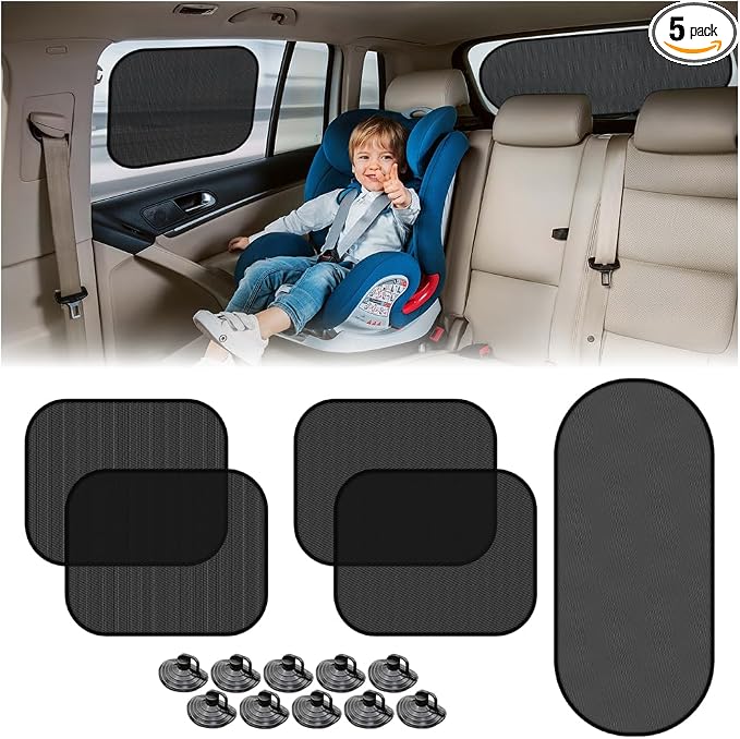 5 Pack Car Window Sunshade Set, Side and Rear | mesh fabric, metal support frame, suction-cup mounting, twist-fold storage, UV and heat blocking by Unknown