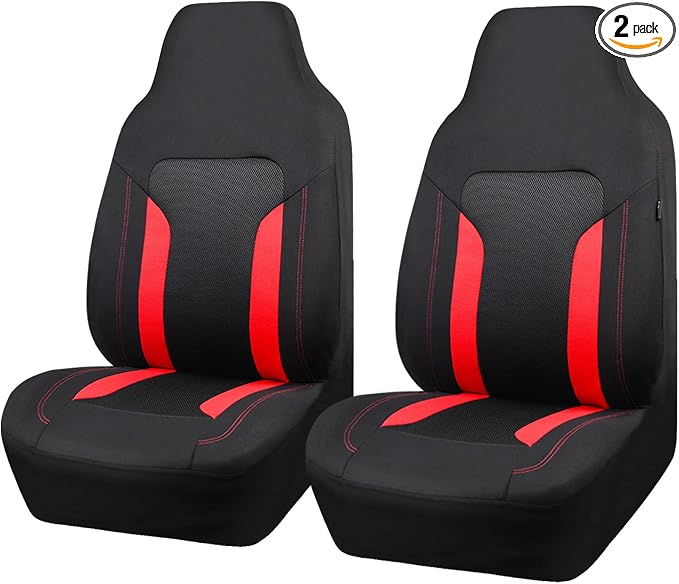 CAR PASS Bucket Car Seat Cover, Breathable 3D Air Mesh-100% Sporty Fabric Front Seats, Airbag Compatible, Universal Fit Automotive SUV Truck Sedan Vans Women, High Back Two Front 2 Piece, Black Red by CARPASS