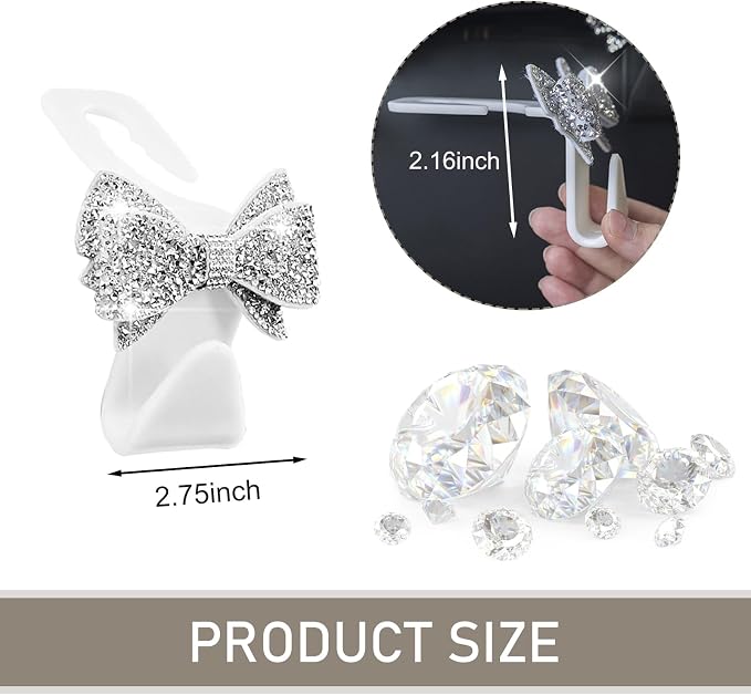 2 PCS Bling Car Seat Headrest Hooks, S Type Crystal Rhinestone Bow Vehicle Seat Back Storage Hooks for Purses Bags Groceries, Universal Diamond Car Rear Seat Organizer (White) - Image 2