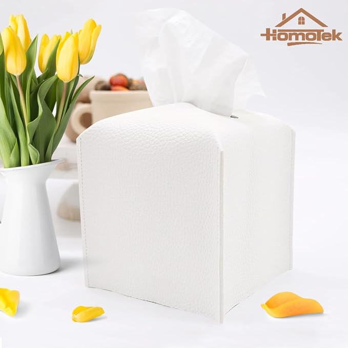 HOMOTEK 2 Pack Tissue Box Cover, Square PU Leather Tissue Holder, Decorative Facial Tissue Cube Paper Organizer Dispenser for Bathroom, Night Stands, Desk, Car 5X5X5'' - White, Pebble Grain - Image 3