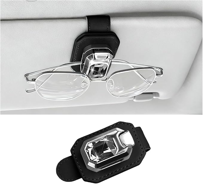 Bling Sunglasses Holders for Car Visor, Crystal Rhinestone Leather One Handed Operation Vehicles Sun Visor Glasses Clip, Automotive Interior Ticket Card Clip, Universal Fit (Black) by Norkmdi
