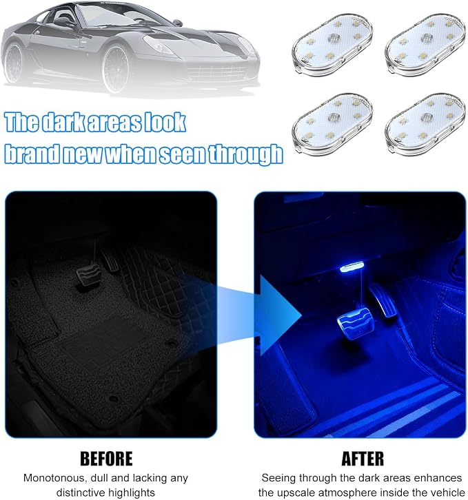 4PCS Car Interior Wireless Led Lights, 6 Bright LED Lamp Beads Magnetic Vehicle Ambient Light, Portable Touch USB Rechargeable Automotive Night Lighting Accessories, Universal Fit (Blue) - Image 5