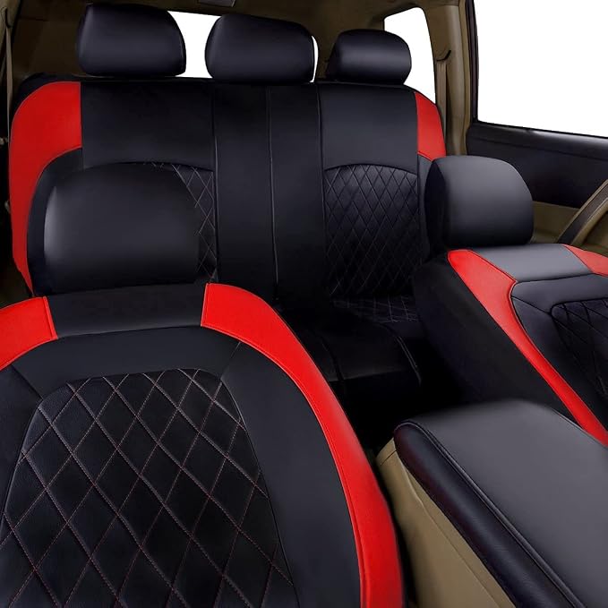 Universal Faux Leather Car Seat Covers Full Set Airbag Compatible Breathable Fit for Cars Trucks SUVs Deluxe Pu Luxury Vinyl(Black with Red) - Image 6
