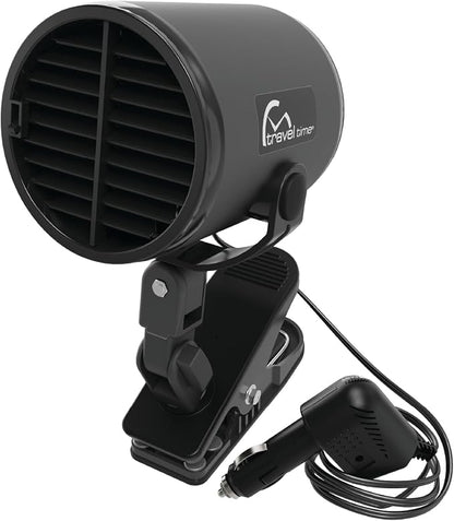 TRAVEL TIME 12V Turbo Fan Clip-On, Black – Universal for Most Vehicles, Variable Speed Control, Cooling Fan, Portable Fan for Cars, Trucks, and UTV's by TravelTime
